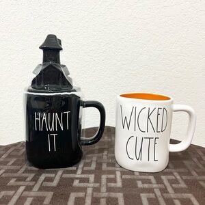 Rae Dunn Halloween HAUNT IT IF YOU’VE GOT IT topper mug and WICKED CUTE mug